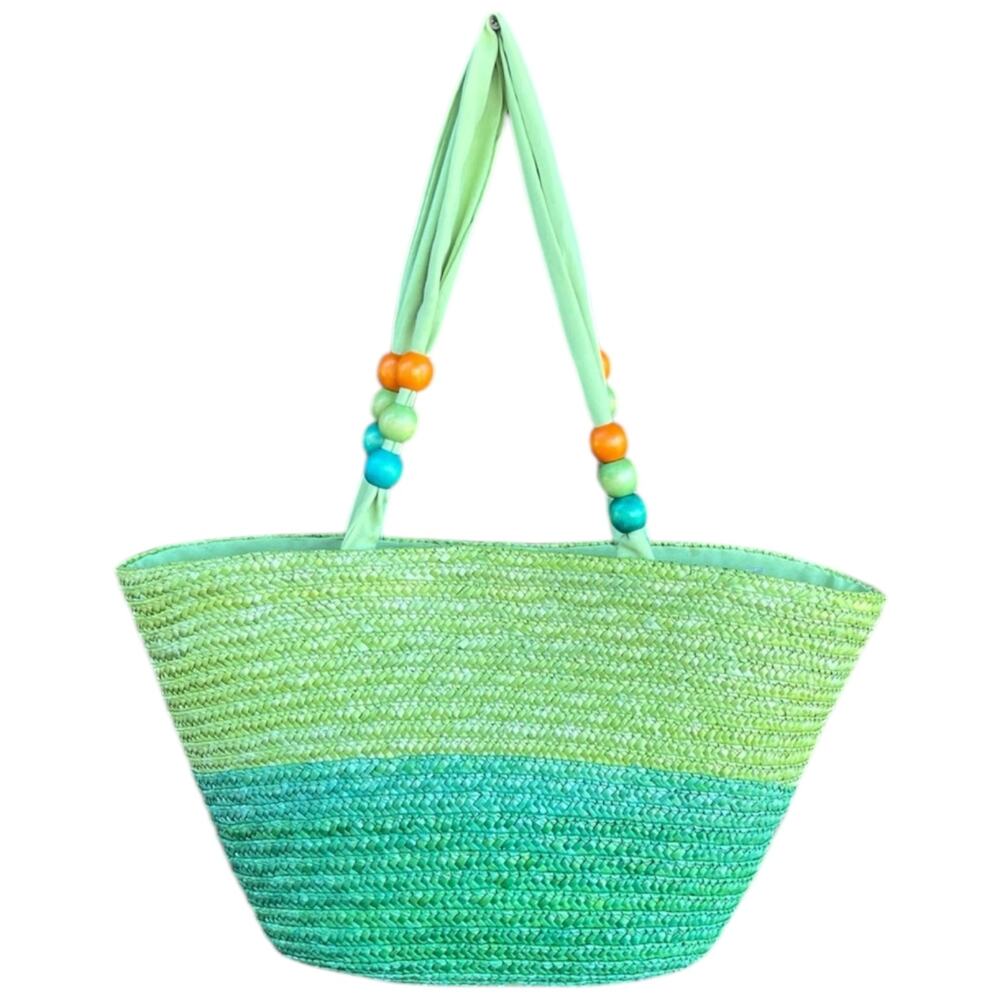 Green Ombre Woven Straw Beach Tote Bag with Beaded Handles Summer